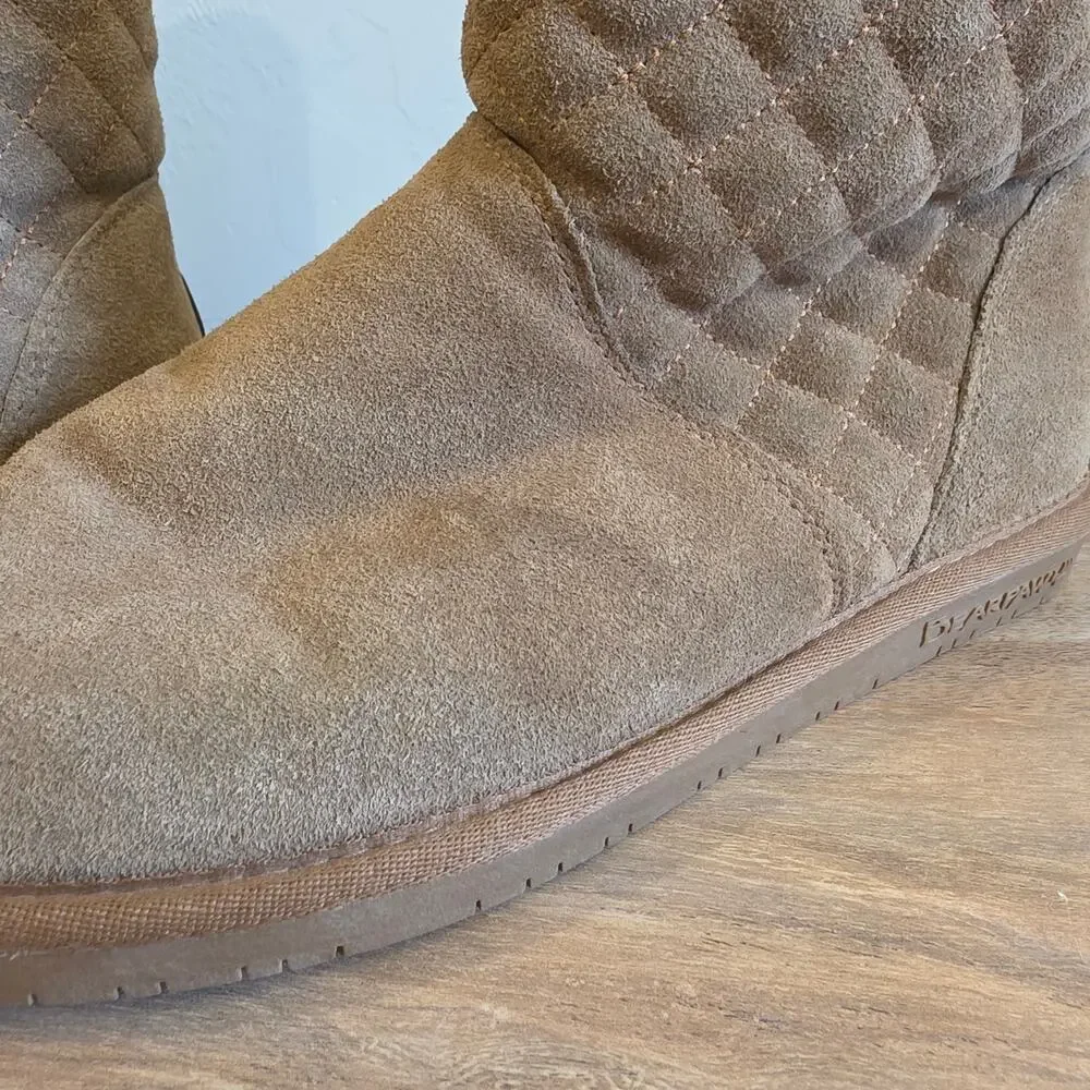 Bearpaw Quilted Suede Mid Calf Boots Women's 10 Brown Sheepskin Wool Lined